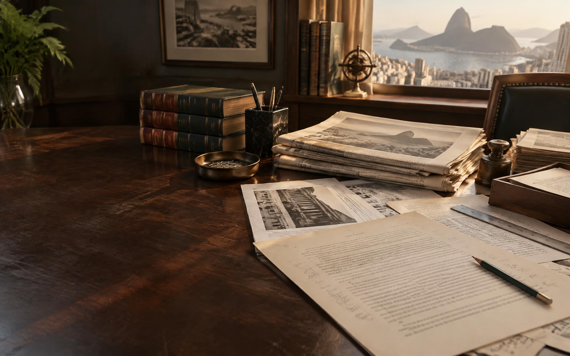 Mesa de trabalho com jornais e documentos, com o Rio de Janeiro ao fundo